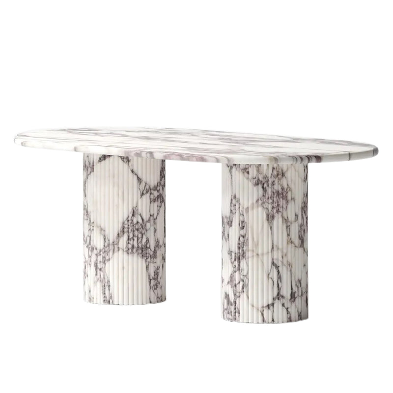 Calacatta Viola Marble Oval Dining Table with Fluted Round Marble Legs (W)40" (L)75" (H)30" angle view