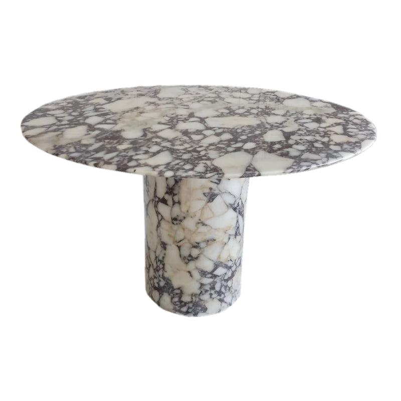 calacatta viola marble round dinner table with marble legs D48 H30 angle view