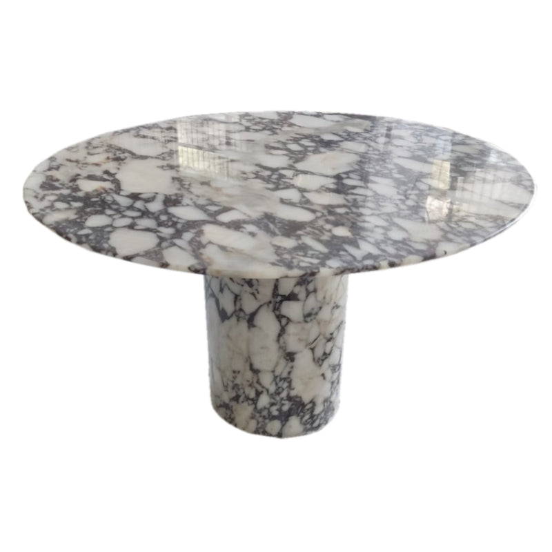 calacatta viola marble round dinner table with marble legs D48 H30 angle view