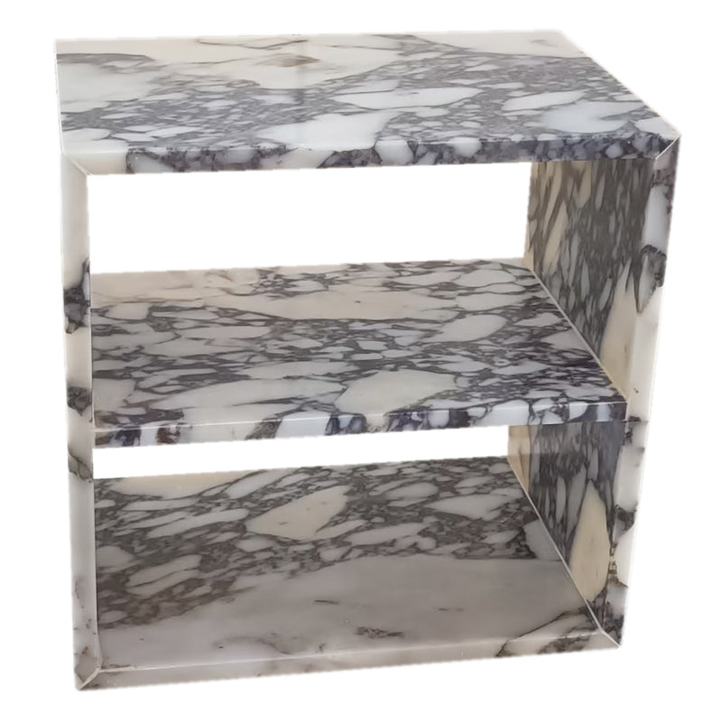 calacatta viola marble side end table nightstand 2 shelves W14 L18 H18 angle view