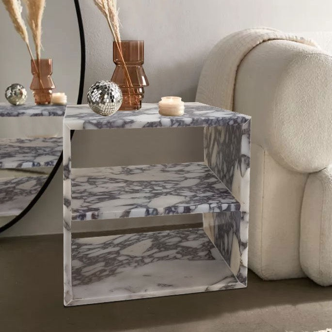 calacatta viola marble side end table nightstand 2 shelves W14 L18 H18 living room