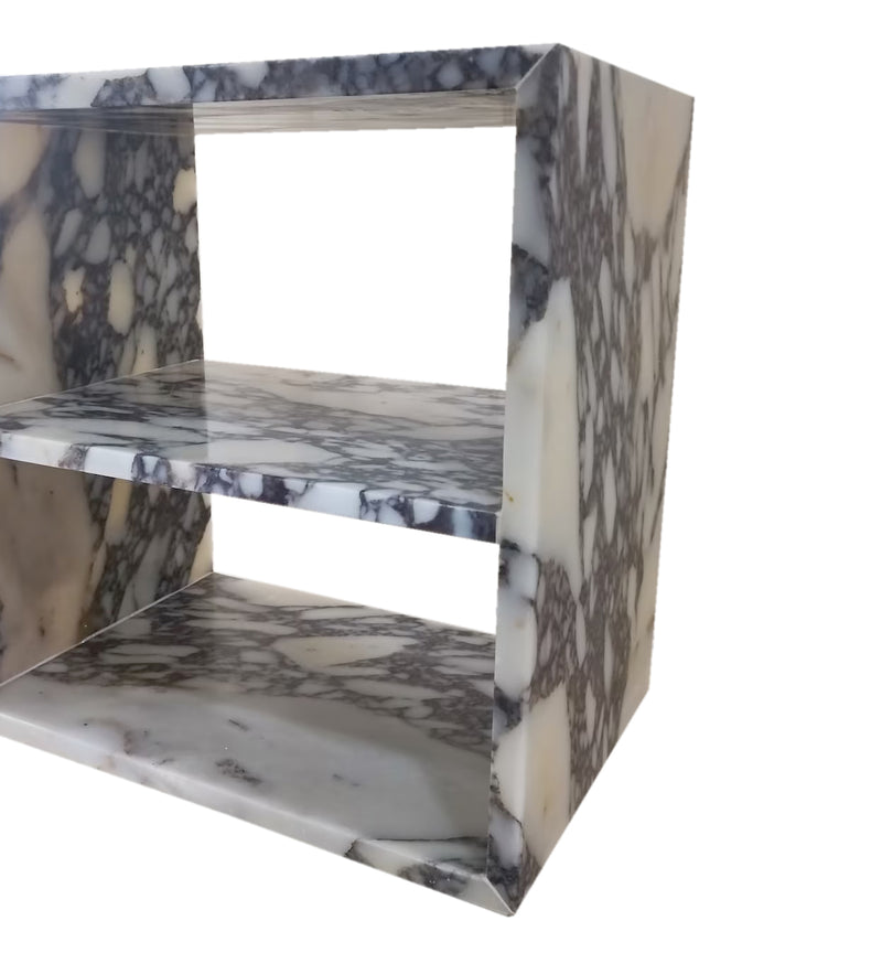 calacatta viola marble side end table nightstand 2 shelves W14 L18 H18 profile view