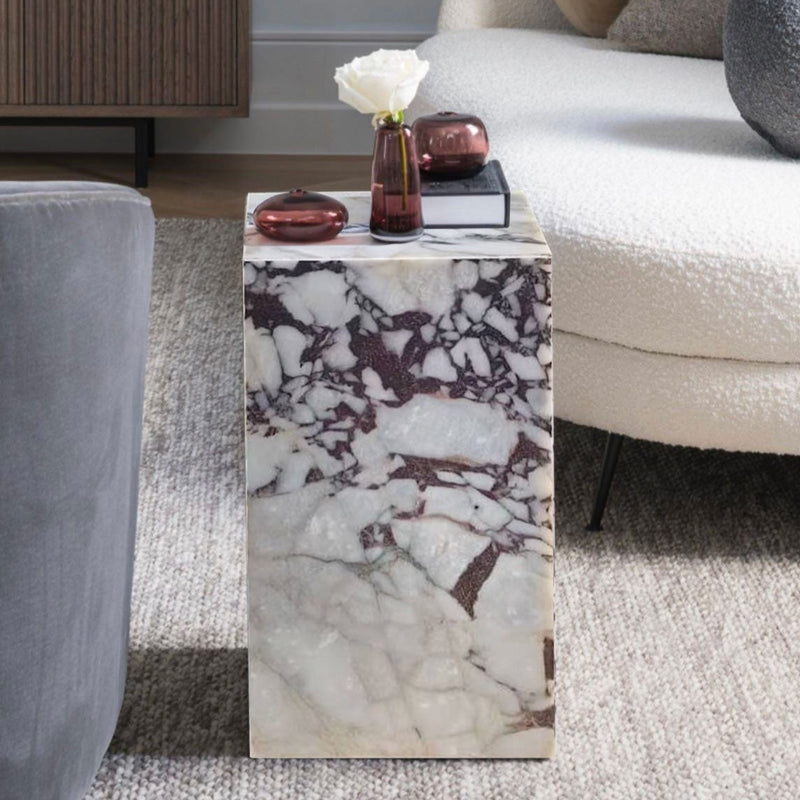 calacatta viola marble side table nightstand square top cube design W14 L14 H22 installed living room