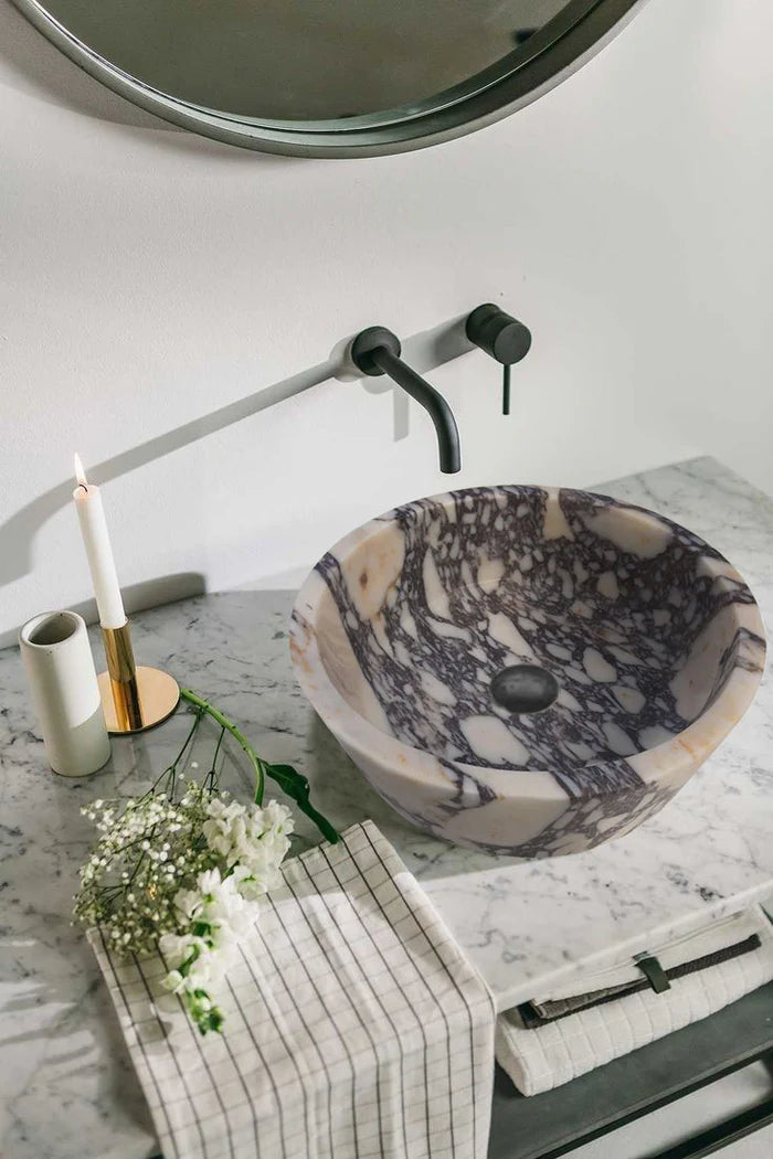 Calacatta Viola Marble Tapered Above Vanity Bathroom Sink Honed/Matte (D)16" (H)6"  installed above marble vanity top bathroom black wall mount faucet wide view