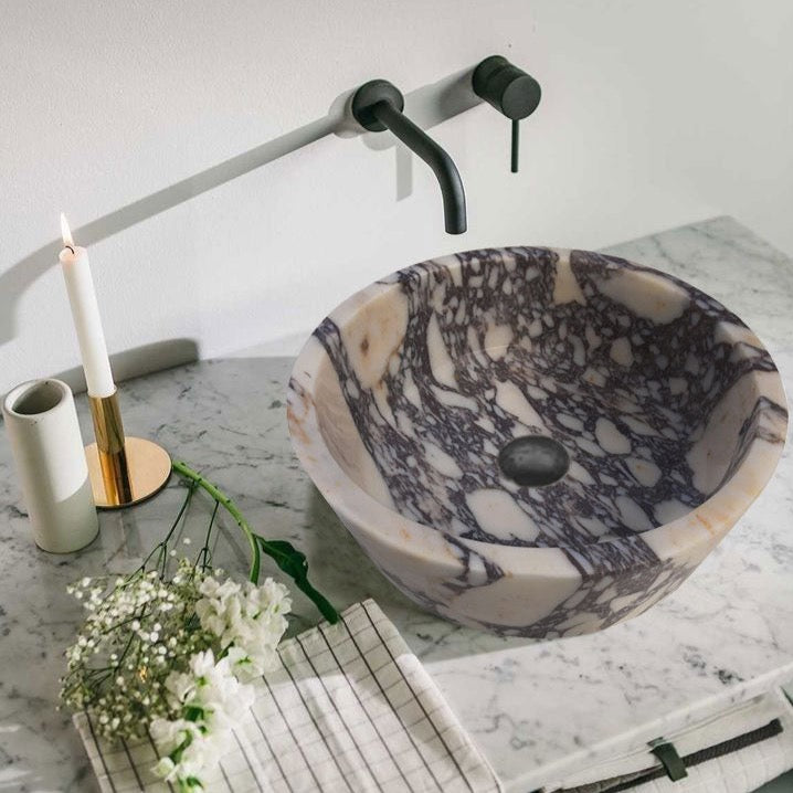 Calacatta Viola Marble Tapered Above Vanity Bathroom Sink Honed/Matte (D)16" (H)6"  installed above marble vanity top bathroom black wall mount faucet