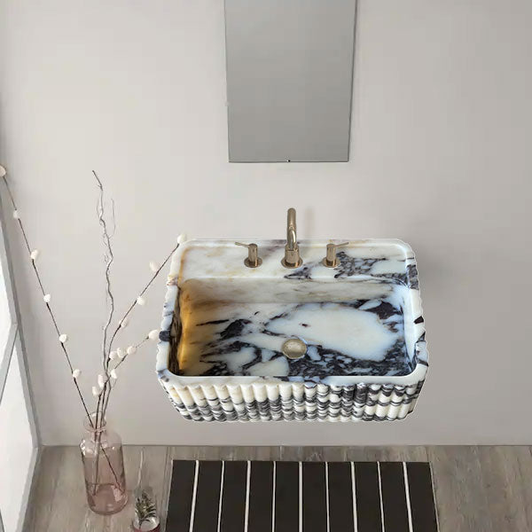 Calacatta Viola Marble Wall-Mount Rectangular Fluted Bathroom Sink (W)16" (L)24" (H)8"bathroom gold color faucet and rectangular simple mirror 