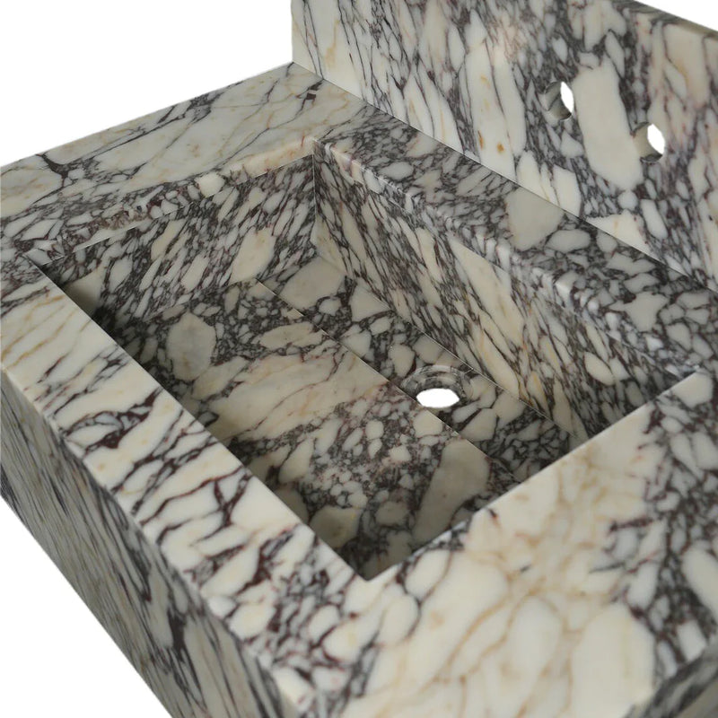 Calacatta Viola Marble Rectangular Wall-mount Bathroom Sink with 8" Backsplash (W)21" (L)34" (H)10" closeup angle view