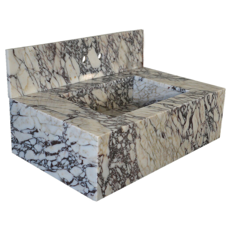 Calacatta Viola Marble Rectangular Wall-mount Bathroom Sink with 8" Backsplash (W)21" (L)34" (H)10" angle view