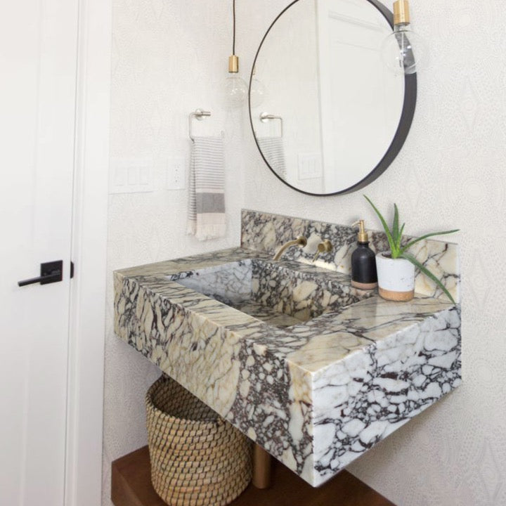 Calacatta Viola Marble Rectangular Wall-mount Bathroom Sink with 8" Backsplash (W)21" (L)34" (H)10"