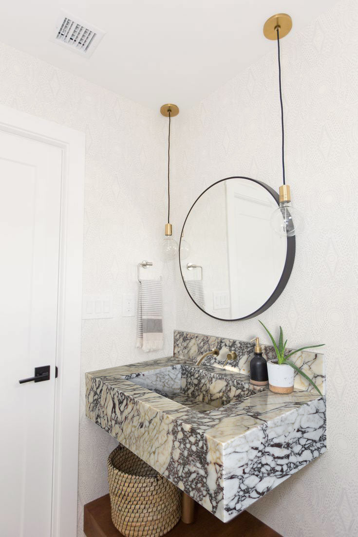Calacatta Viola Marble Rectangular Wall-mount Bathroom Sink with 8" Backsplash (W)21" (L)34" (H)10" bathroom view black round mirror wide