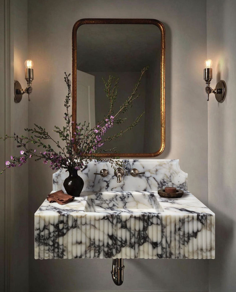 Calacatta Viola Marble Wall-mount Bathroom Vanity Sink Fluted Front (W)21" (L)37" (H)12" installed bathroom black base on top and brass wall mount faucet wide view