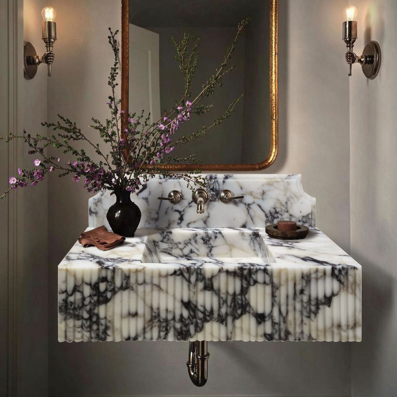 Calacatta Viola Marble Wall-mount Bathroom Vanity Sink Fluted Front (W)21" (L)37" (H)12" installed bathroom black base on top and brass wall mount faucet