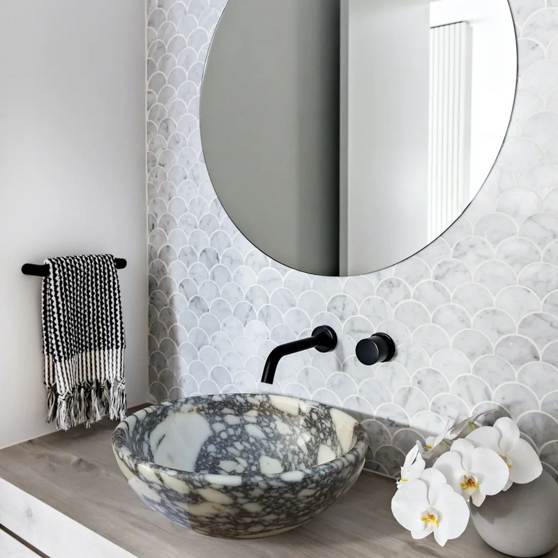 Calacatta Viola Marble Natural Stone Above-vanity Bathroom Sink Polished (D)16" (H)6" bathroom black faucets round mirror white marble mosaic on the wall