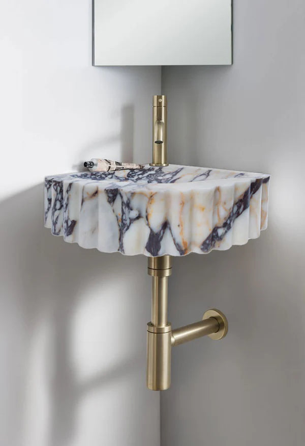 Calacatta Viola Marble Wall-mount Bathroom Corner Vanity Sink Ribbed (W)20" (L)20" (H)7" installed brass faucet and drain holes