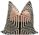 Canvello Handmade Silk Velvet Throw Pillow with Down Feather Insert – Maze Pattern in Black, Grey, and Terracotta - 22"X22"