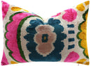 Canvello Handmade Velvet Lumbar Pillow in Bright Pink, Teal, and Yellow Floral Ikat Design - High-Quality 16x24 Inch Decorative Accent for Sofas, Couches, and Interior Design