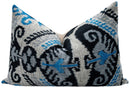 Canvello Unique THROW PILLOW, + Down Feather, Couch Cushion, Luxury Fabric, Decorative Black Blue Silk VELVET Ikat Lumbar Throw Pillow 16X24