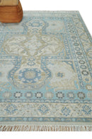 8x10 Hand Knotted Traditional Turkish Blue And Beige Low Pile Area Rug