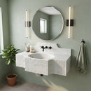Carrara White Marble Fluted Projecting Wall-Mount Sink with Crested Backsplash - 48"x18"x10" - Honed