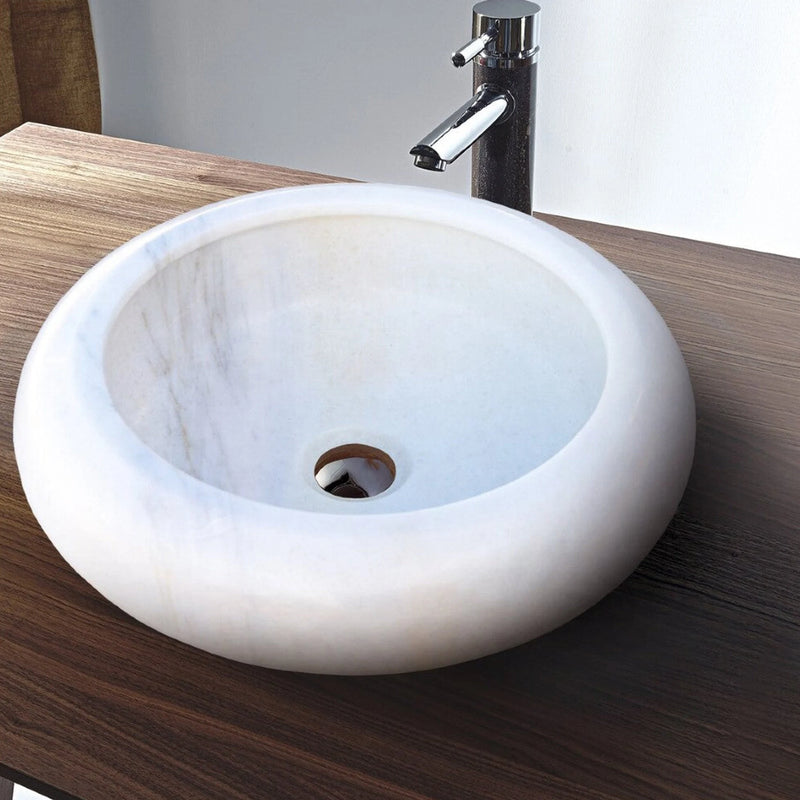 carrara white marble vessel sink TMS16 above wooden vanity view 