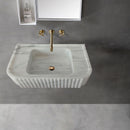 Carrara White Marble Wall-mount Bathroom Vanity Sink Fluted (W)16" (L)28" (H)6" top view bathroom view gold faucet widespread 8"