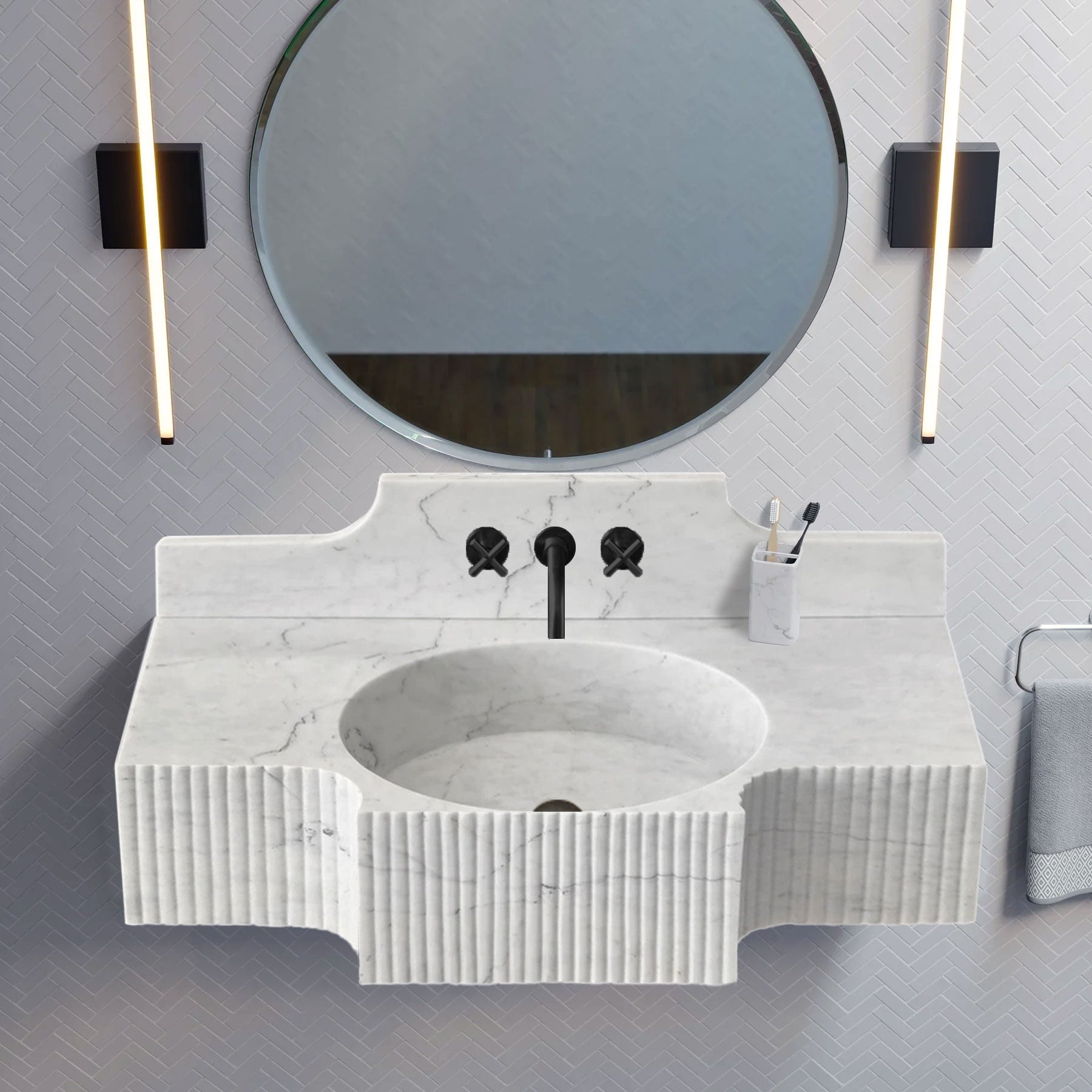 Carrara White Marble Wall-mount Bathroom Sink Backsplash (W)18" (L)48"