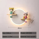 Cartoon figurine led wall lamp for bedroom with wooden shelf
