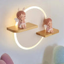 Cartoon figurine led wall lamp for bedroom with wooden shelf