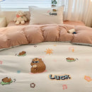 Cartoon pattern embroidered cream bedding sets bedroom decor luck