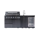 Castelle Flame Avalon 43-Inch 6-Burner 85K BTU Outdoor BBQ Kitchen Grill Island With Wine Fridge, Rotisserie Kit, And Sink (SAK23864)
