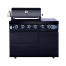Black barbecue grill with multiple knobs on a white background