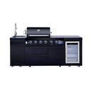 Black outdoor kitchen island with grill, sink, and refrigerator on a white background