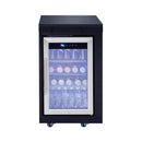 Black wine cooler with glass door displaying bottles on a white background