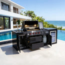 Outdoor kitchen with grill and refrigerator by a pool and ocean view