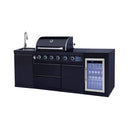 Black outdoor kitchen island with grill, sink, and refrigerator on a white background