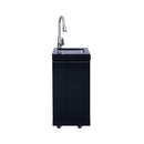 Black sink unit with faucet on a white background