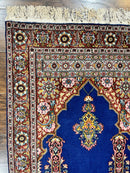 Indo Persian Prayer Rug 3x5, Fine Oriental Carpet, Dark Blue and Red, Vintage Hand Knotted Handmade Prayer Rug