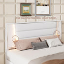 Queen Size PU Upholstered Bed, Headboard with LED Light Strips and Sparkling Shiny Decoration, No Box Spring Required, White