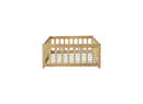 Twin Size Floor Bed with Fence and Door,Rubber Wood Floor Bed with Safety Guardrails,Natural