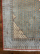Rare Persian Rug 8x12, Qum Rug, Repeated Star Motifs, Blue and Ivory, Fine 300 KPSI, Hand Knotted Handmade Vintage Wool Rug