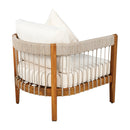 Acacia Wood Outdoor Club Chair with Handwoven Rope Accents & Curved Backrest - Water-Resistant Boho Patio Lounge Chair with Removable Cushions for Porch, Garden