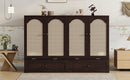Queen Size Murphy Bed, Pine Wood Cabinet Bed with Power Station and Rattan Decoration Panel,Espresso