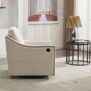 cream white fabric swivel rotating accent chair with USB and magazine book for living room and hotel bed room