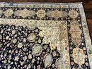 Large Persian Kerman Rug 10x14, Navy Blue and Beige, Floral Medallion, Traditional Elegant Persian Carpet, Signed by Masterweaver