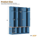 [Assembly Video Provided]  Farmhouse Hall Tree with 4 Hidden Hanging Hooks, Versatile Walnut Seating Bench with 8 Doors, Entryway Shoe Cabinet with Open Compartments for Living Room, Blue