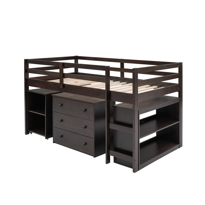 Low Study Twin Loft Bed with Cabinet and Rolling Portable Desk - Espresso