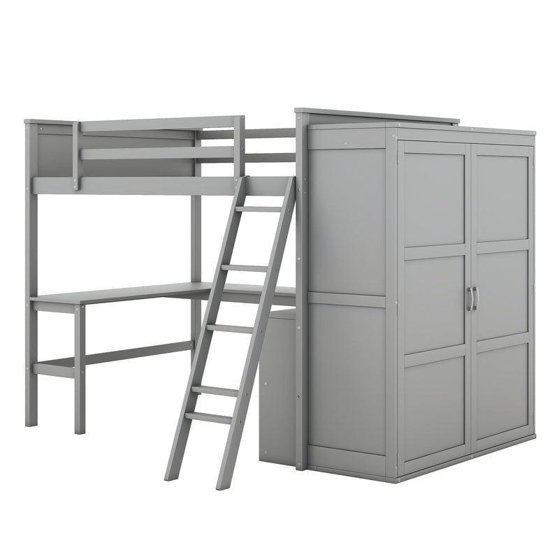 Full size Loft Bed with Desk, Shelves and Wardrobe-Gray