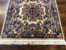 Square Persian Kerman Rug 4x4, Ivory Blue Pink, Handmade, Fine 225 KPSI