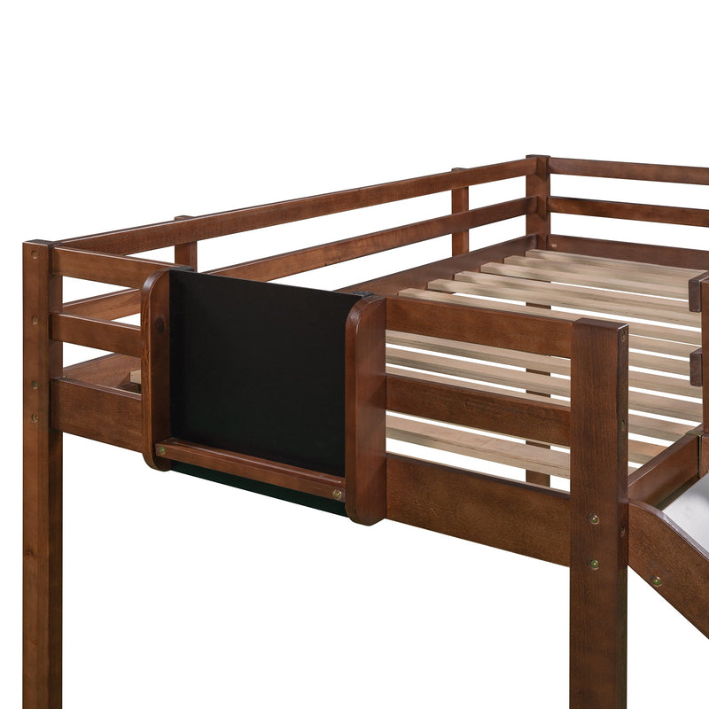 Twin size Loft Bed Wood Bed with Slide, Stair and Chalkboard,Walnut