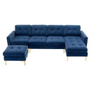 Elegant Convertible L-Shape Sectional Sofa Couch with Movable Ottoman, Velvet Upholstery, Blue